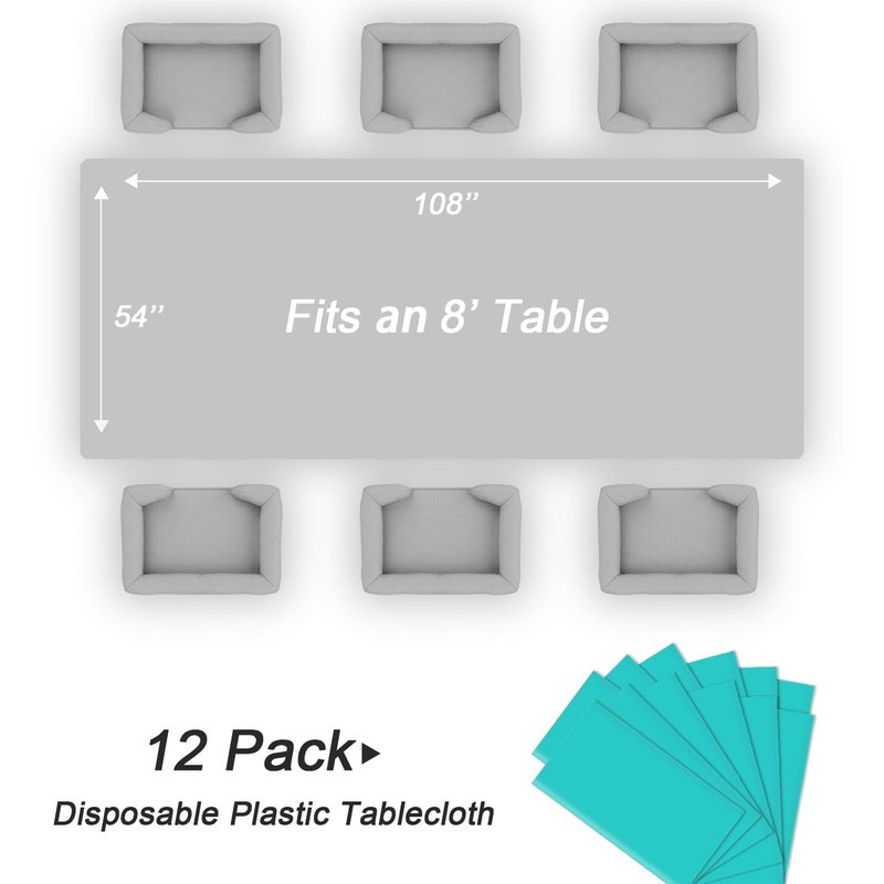 QIKSION Teal Plastic Table Cloth Disposable 12 Pack, 54 x 108 Inch Tablecloths for Easter Party, Summer, Turquoise Rectangle Table Cover