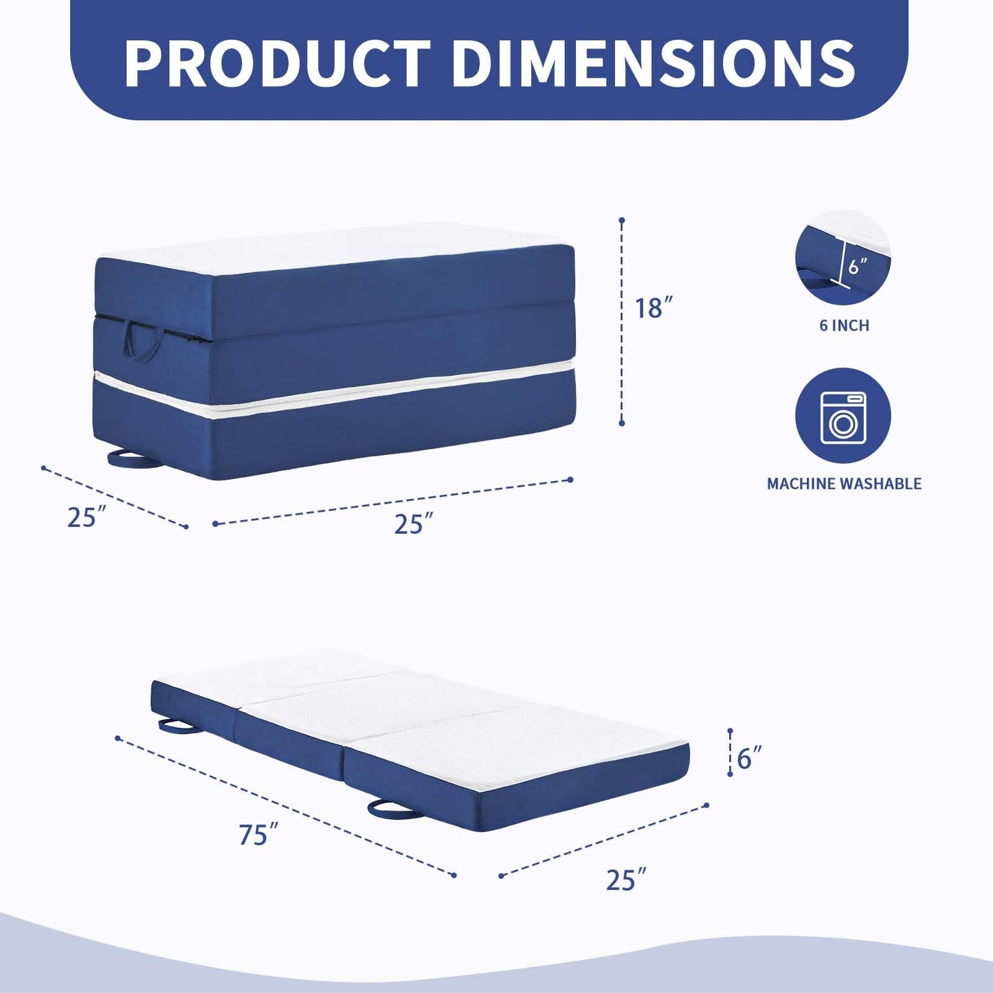 CYMULA Folding Mattress Single Size,6 inch Memory Foam Tri Portable Trifold Mattress Topper Single with Breathable & Washable Cover, Foldable Sofa for Camping(25"×75"×6")