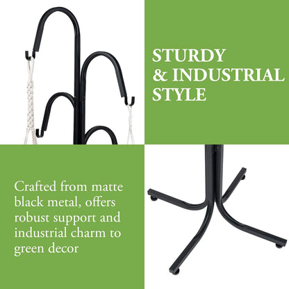 MyGift Floor Standing Planter Pot Stand, Industrial Matte Black Metal Heavy Duty Freestanding Plant Basket Hanger Rack with 4 Way Hanging Hooks