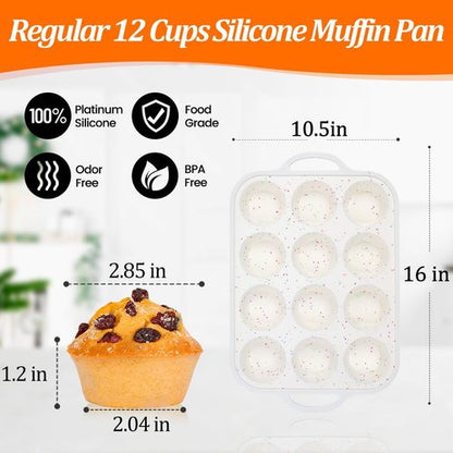 CAKETIME Silicone Muffin Pan, Metal Reinforced Frame Regular Size 2.8 Inch Cupcake Pan with Handle 12 Cups Nonstick Muffin Tray for Baking BPA Free 1 Pack Confetti