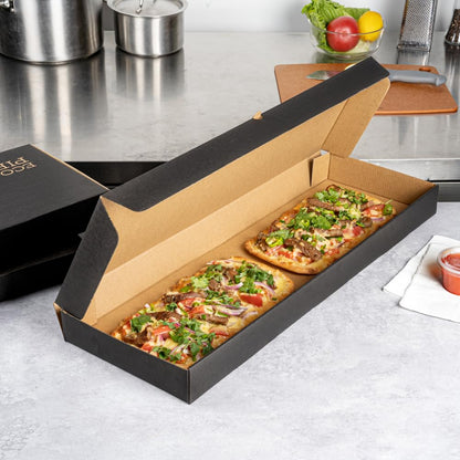 Restaurantware Eco Pie 24 x 12 x 2 Inch Flatbread Takeaway Boxes 50 Sturdy Corrugated Pizza Boxes - E-Flute Design Tab-lock System Black and Kraft Paper Pizza Boxes Disposable For Flatbreads