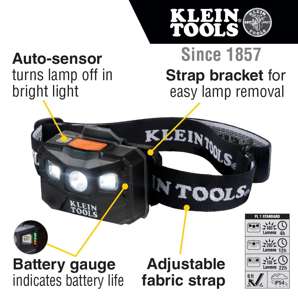 Klein Tools Recharge Headlamp Fabric Strap 400 Lumens All Day Runtime & 56403 LED Light, Rechargeable Flashlight/Worklight with Kickstand and Carabiner, Charges Small Electronics, for Work, Camping