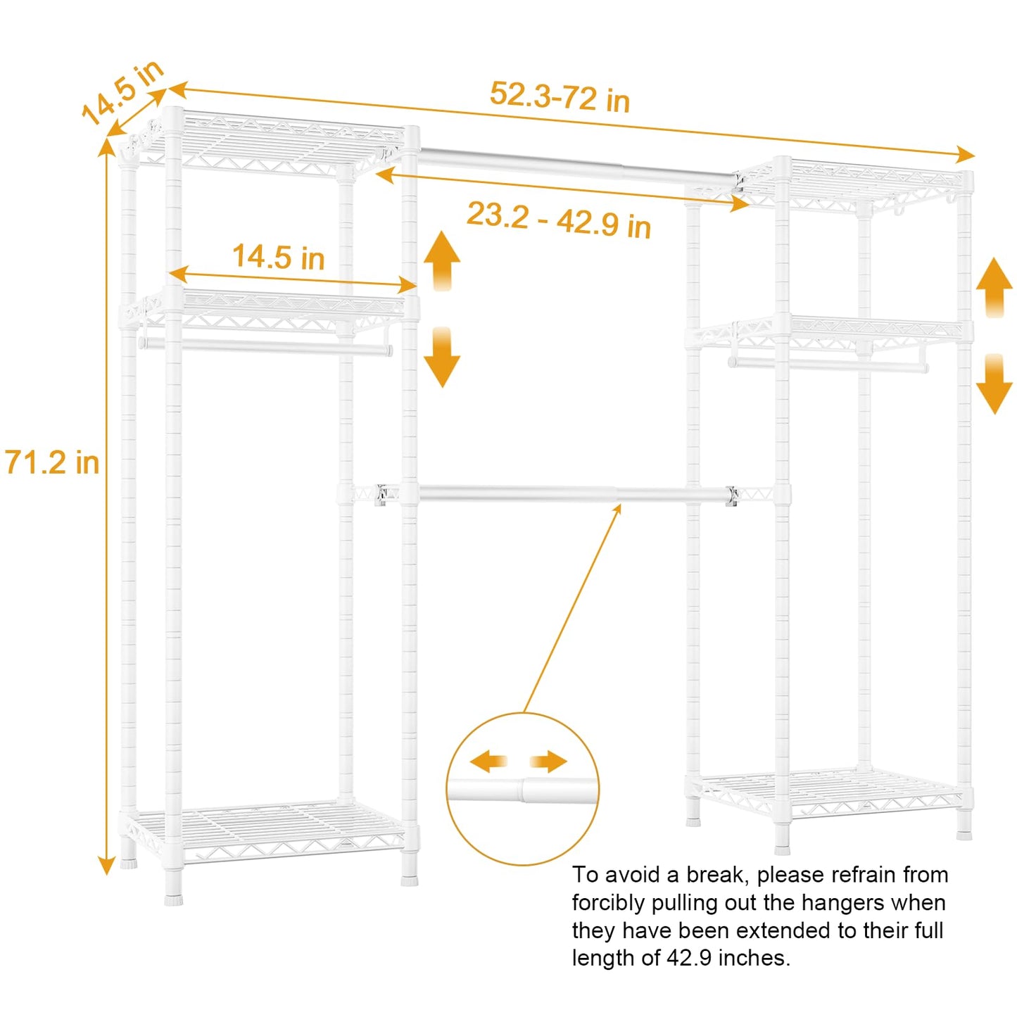 Ulif E7 Heavy Duty Garment Rack, Clothes Organizer and Storage Rack with Expandable Hangers, Metal Clothing Rack with 6 Wire Shelves, (52.3"-72") W x 14.5" D x 71.2" H, Load 838 LBS, White