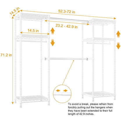 Ulif E7 Heavy Duty Garment Rack, Clothes Organizer and Storage Rack with Expandable Hangers, Metal Clothing Rack with 6 Wire Shelves, (52.3"-72") W x 14.5" D x 71.2" H, Load 838 LBS, White