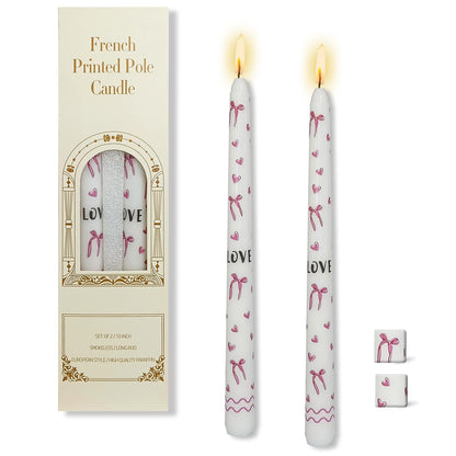 Pink Bow Heart Taper Candles -2 Pcs Unscented 10 Inches Long Candlesticks Flower Print Tapered Candle for Home Party Wedding Restaurant Holiday Decor