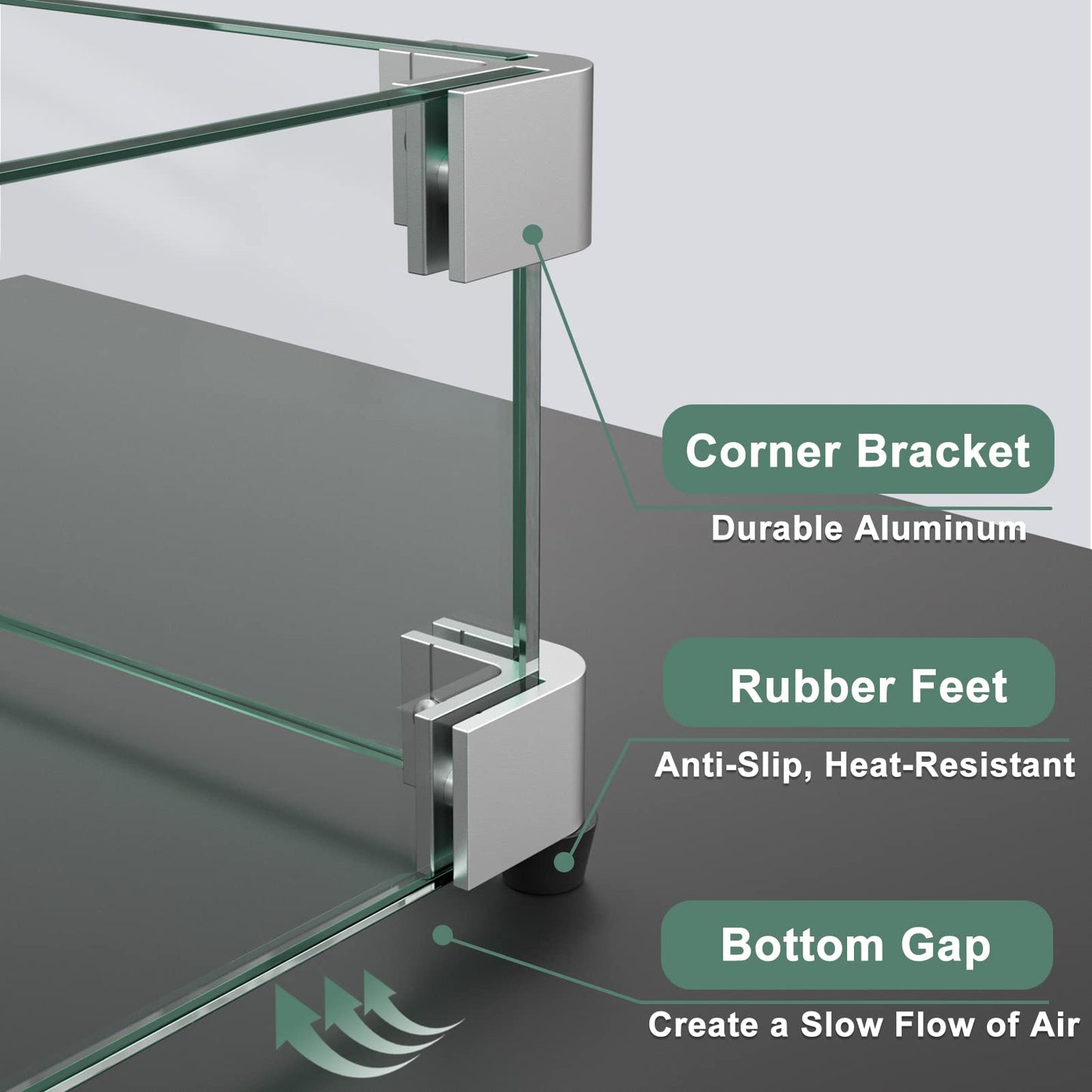 GASPRO 38.5 x 7.5 Inch Glass Wind Guard for Rectangular Fire Pit Table, Thick and Sturdy Tempered Glass Panel with Hard Aluminum Corner Bracket & Rubber Feet, Easy to Assemble