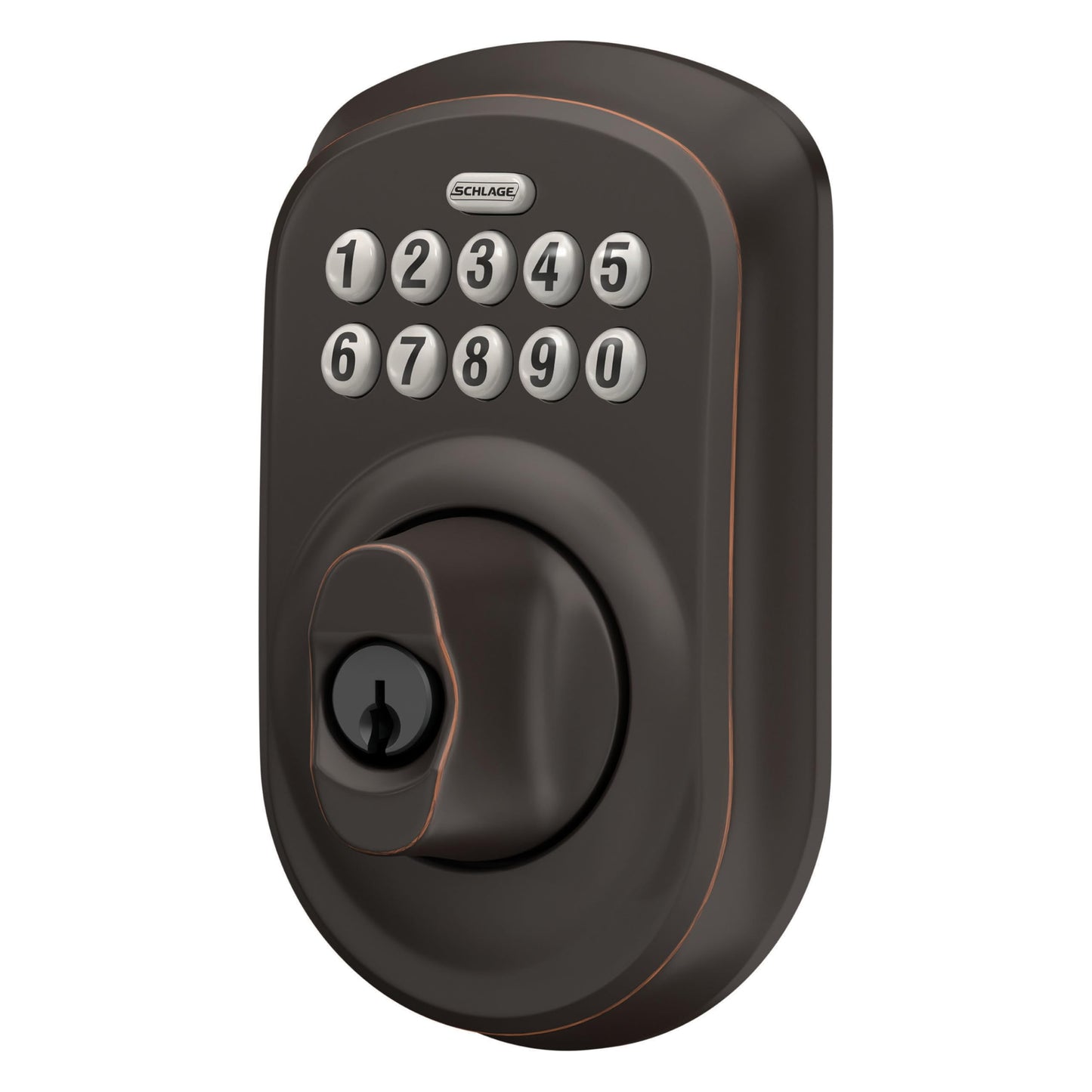 Schlage BE365 PLY 716 Plymouth Keypad Deadbolt, Electronic Keyless Entry Lock, Aged Bronze