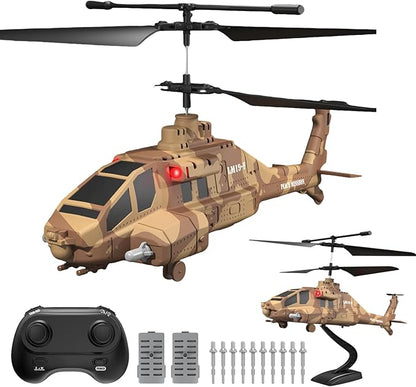 RC Helicopter with Missiles 2.4GHz Remote Control Army Helicopter for Beginners &amp Adults Military Helicopter LED Lights Altitude Hold One-Key Take Off Gift for Military Fans (Brown)