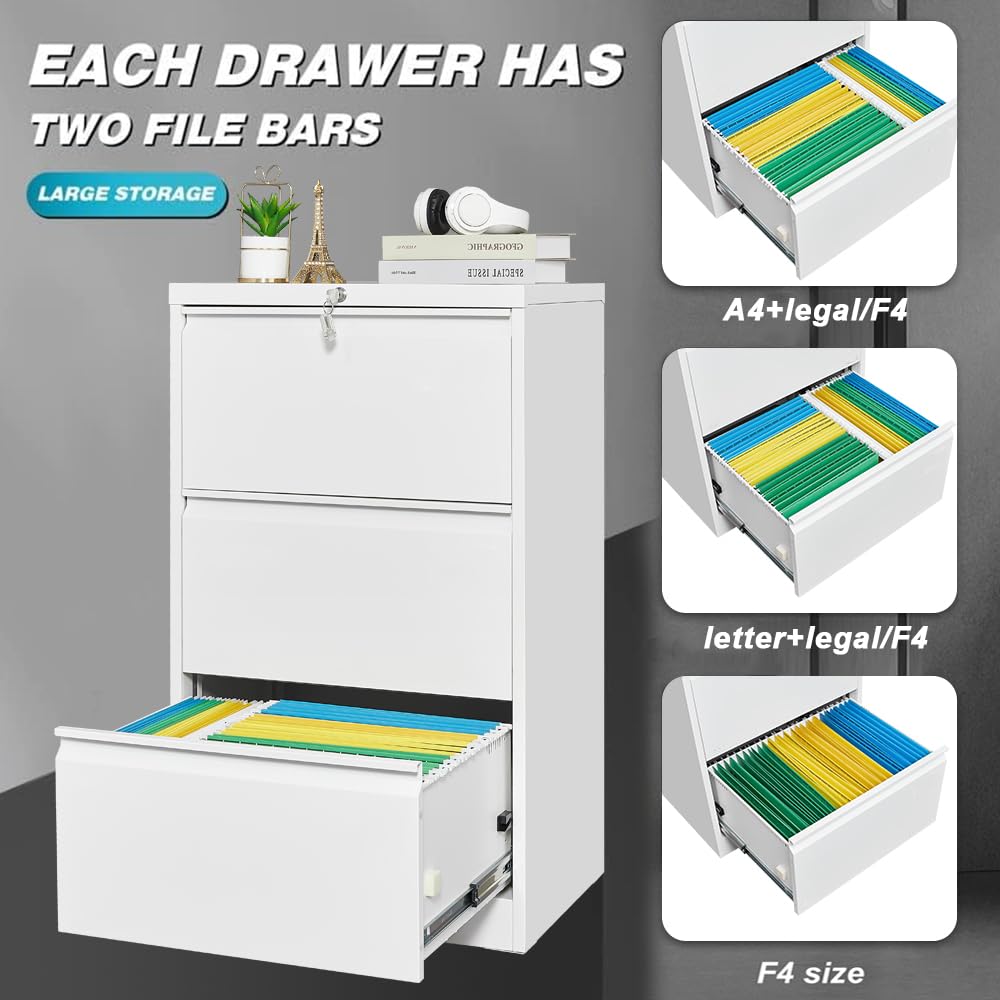MilleLoom 3 Drawer Lateral File Cabinet Metal Lateral Filling Cabinet with Lock, Lockable File Cabinets for Home Office with Letter/Legal/F4/A4 Size Storage White