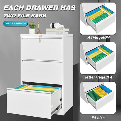 MilleLoom 3 Drawer Lateral File Cabinet Metal Lateral Filling Cabinet with Lock, Lockable File Cabinets for Home Office with Letter/Legal/F4/A4 Size Storage White