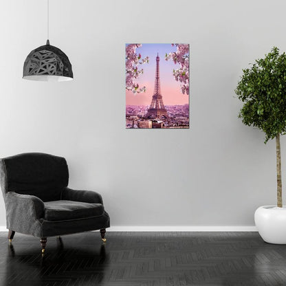 Pink Eiffel Tower Paris Office Girl Room Wall Art Pink Flower Blossoming Romantic Landscape Canvas Print for Home Decor Framed Large Artwork Love 24x36inch