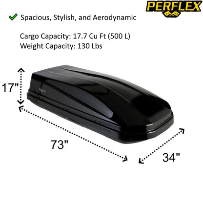 Perflex Exclusive Rooftop Cargo Box Carrier Large 17.7 Cubic Feet Car Top Mount Travel Luggage Storage, Dual Side Opening, 130 Lbs Weight Capacity, Extra Keys, Straps (Black)