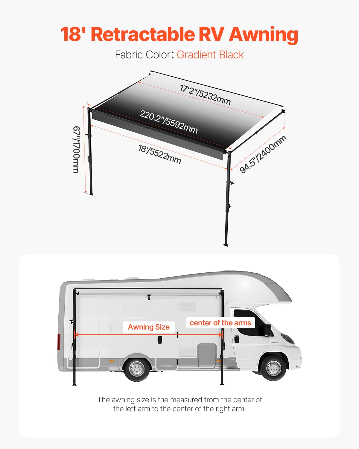 VEVOR Manual RV Awning Complete Kit, 18' Retractable Awning with Aluminum Alloy Frame, Outdoor Trailer Awning, Fit for Most RVs(Black Fade)