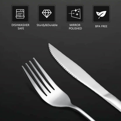 SANTUO 12 Pcs Silverware Set with 6 Steak Knives and 6 Dinner Forks,Flatware Set with Top Food Grade Stainless Steel,Tableware Cutlery Set For Home Restaurant Hotel, Mirror Finish, Dishwasher Safe