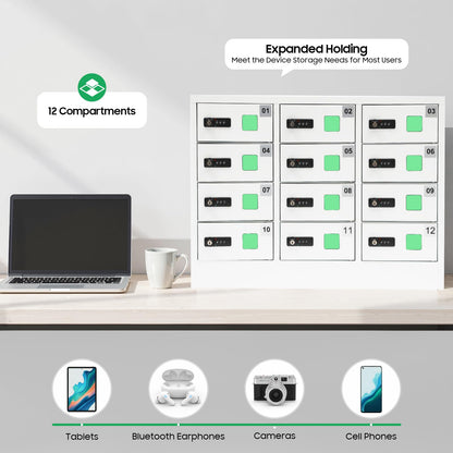 12 Slots Cellphone Charging Station, Cell Phone Charging Cabinet with 3 in 1 Cable, Combination Lock QC3.0 5-9V Fast Charging for Students and Employees (12 Slots)
