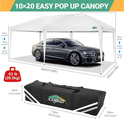 COBIZI 10x20 Pop Up Canopy Tent Commercial Instant Shelter with 6 Sidewalls, Durable Waterproof Portable Gazebo UPF 50+ for Outdoor Party, Wedding, Vendor Events (White)