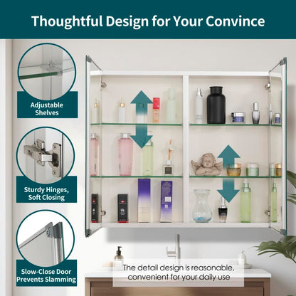 Movo Double Doors Medicine Cabinet with Mirror, 30 inch X 26 inch Aluminum Bathroom Medicine Cabinet, Adjustable Glass Shelves, Waterproof and Rust-Resist, Recess or Surface Mount