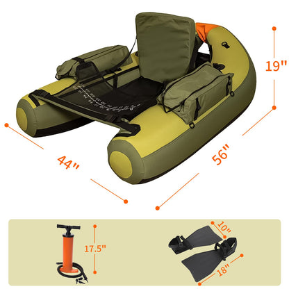 Xproutdoor Fishing Float Tube with Adjustable Backpack Straps, Storage Pockets, Fish Ruler, Fly Fishing Boat with Pump, Oar, Rod Holder and, Fins (Army Green, 27.09 x 20.31 x 10.79in)