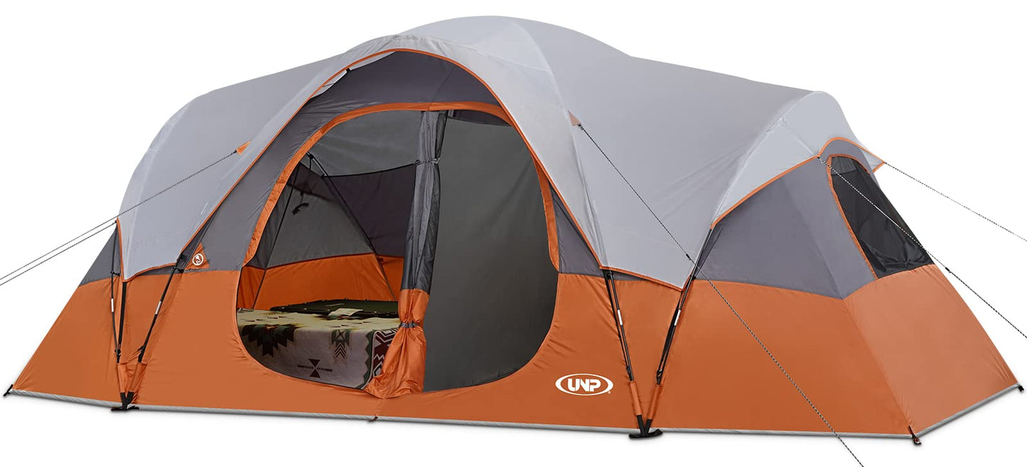 UNP Camping Tent 10-Person Family Tents, Big, Easy up, 5 Large Mesh Windows, Double Layer, 2 Room, Waterproof, Weather Resistant, 18ft x 9ft x78in (Orange)