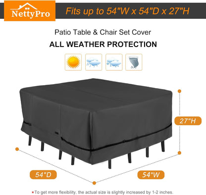 NettyPro Patio Table Cover - Waterproof Square 54 x 54 Inch Outdoor Furniture Protector | Black
