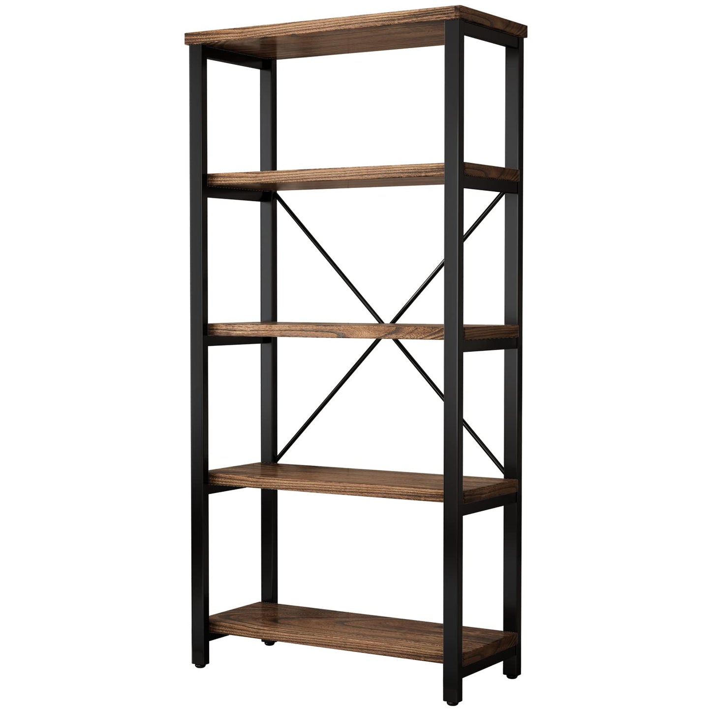 AY-AOYUAN 5 Tier Industrial Solid Wood Bookshelf, Open Etagere Bookcase with Metal Frame, Vintage Industrial Style Bookcase/Metal and Wood Bookshelf Furniture (AY01-5tier)