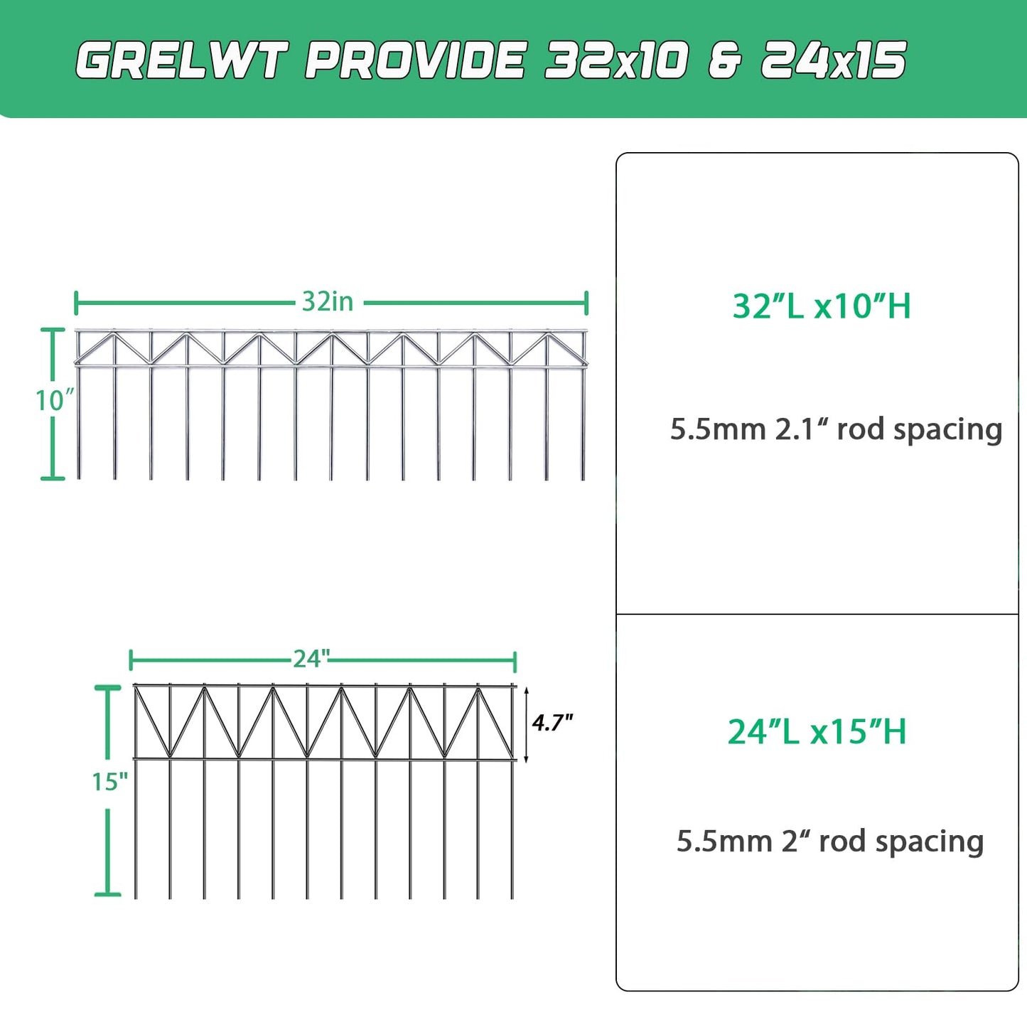 GRELWT 15 Pack 32" L x 10" H Animal Barrier Fence, No Dig Fence Patented Product, 5.5mm Galvanized Stakes with 2.1" Spacing, Anti Digging for Dogs Outdoor Yard Patio, Total 40Ft(L) X 10in(H) Silver