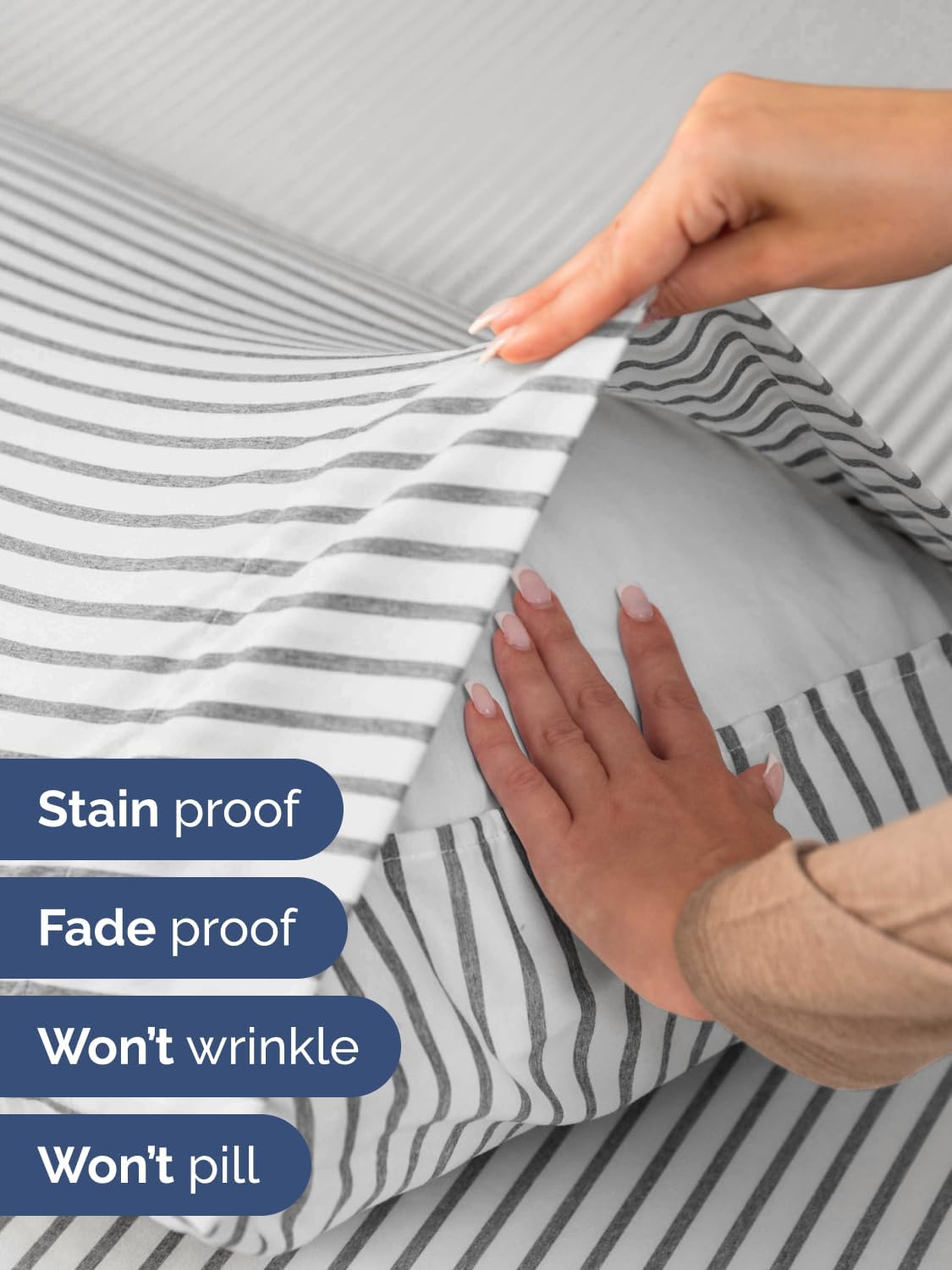 Skiennix Extra Deep Full Sheet Set - 6 Piece Breathable Cooling Bedding - Soft Wrinkle-Free Grey Stripes