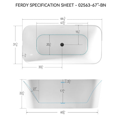 FerdY Maui 67" Acrylic Freestanding Bathtub, Contemporary Elegant Design Soaking Tub with Matte Black Drain and Minimalist Linear Design Overflow, Easy to Install