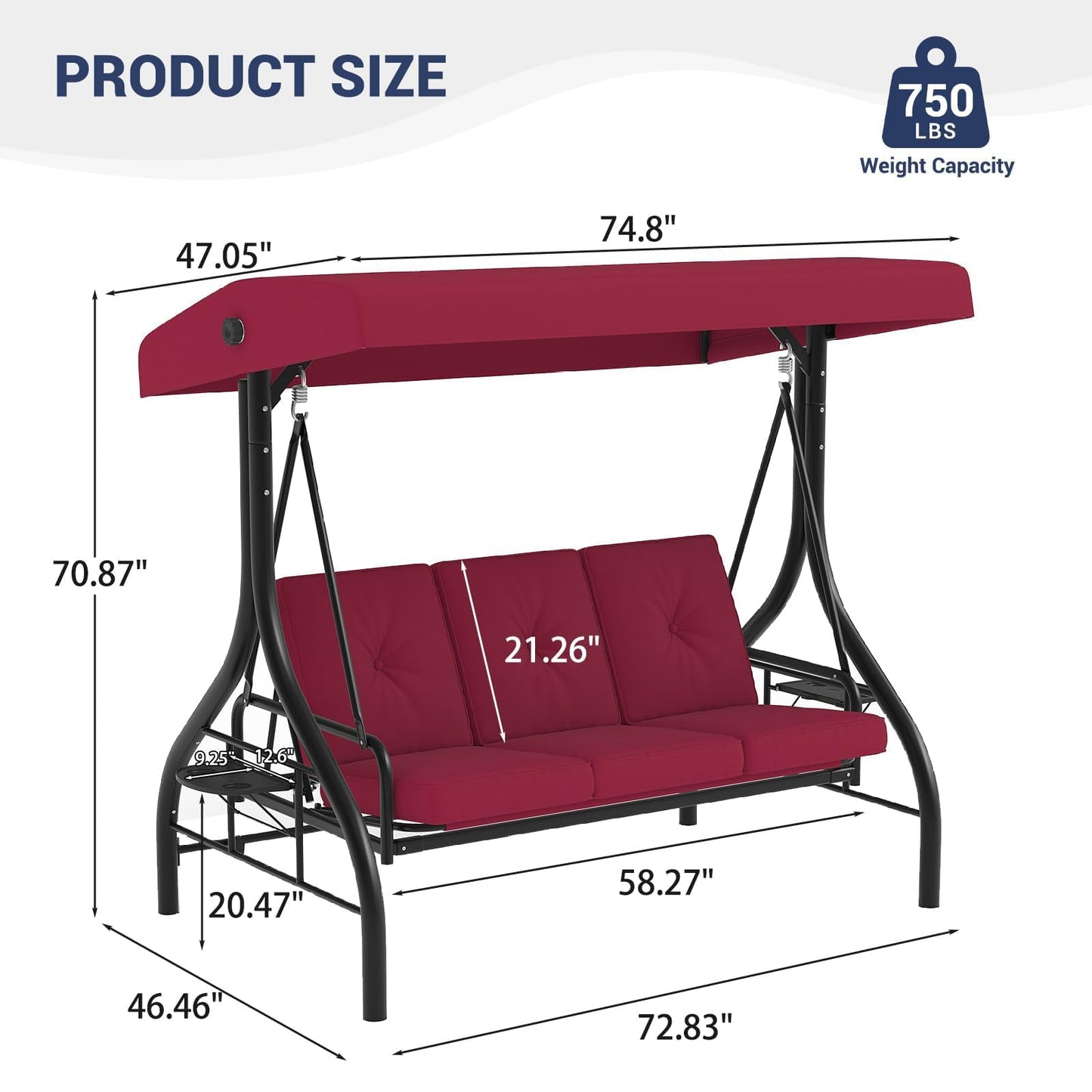 Garvee 3-Seat Outdoor Porch Swing with Adjustable Canopy, Convertible Patio Swing Bed with Stand, Thick Cushions & Cup Holders, Weather-Resistant Steel Frame for Backyard, Garden, Porch, Red