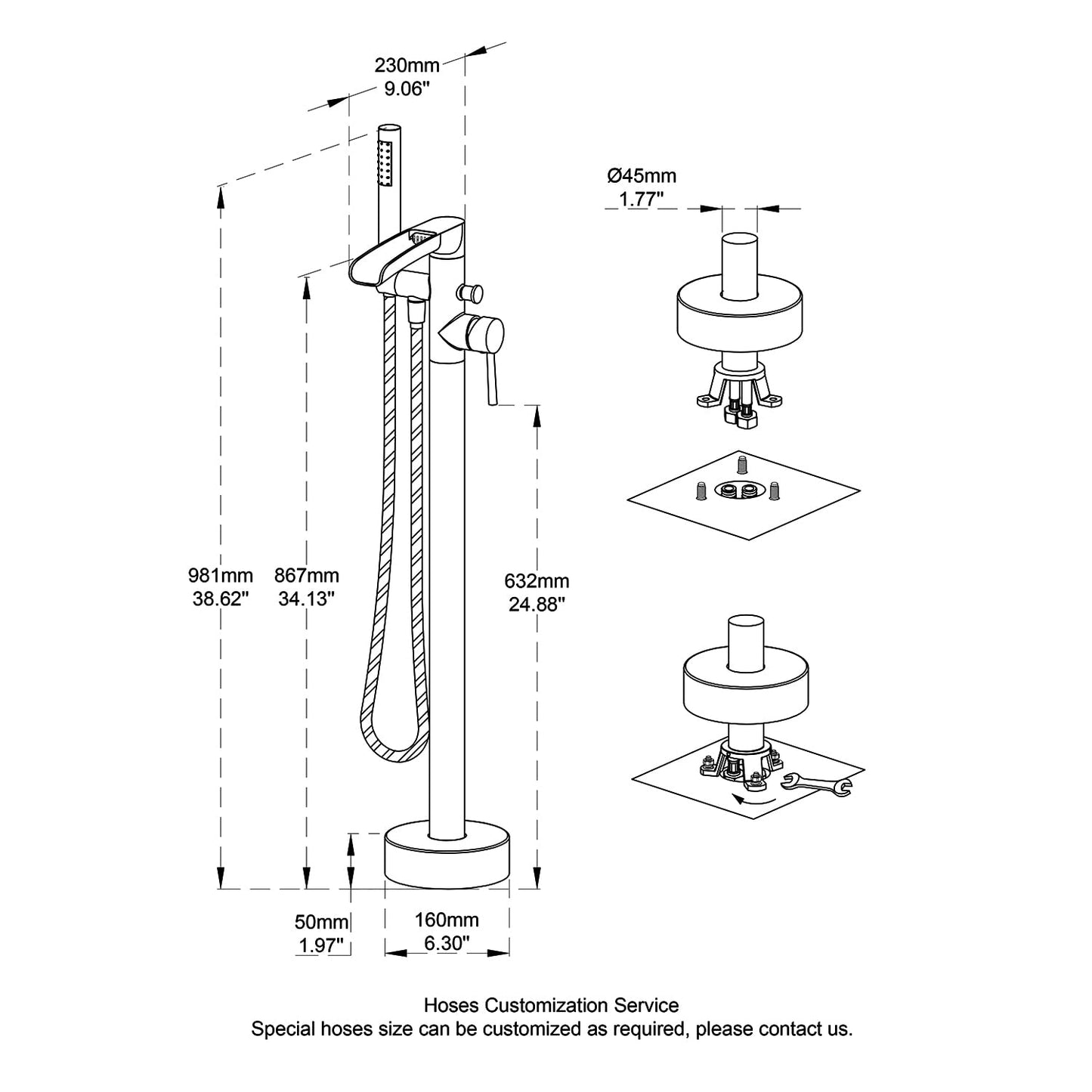 Wowkk Waterfall Freestanding Bathtub Faucet Chrome Floor Mount Tub Filler Brass Single Handle Bathroom Faucets with Hand Shower