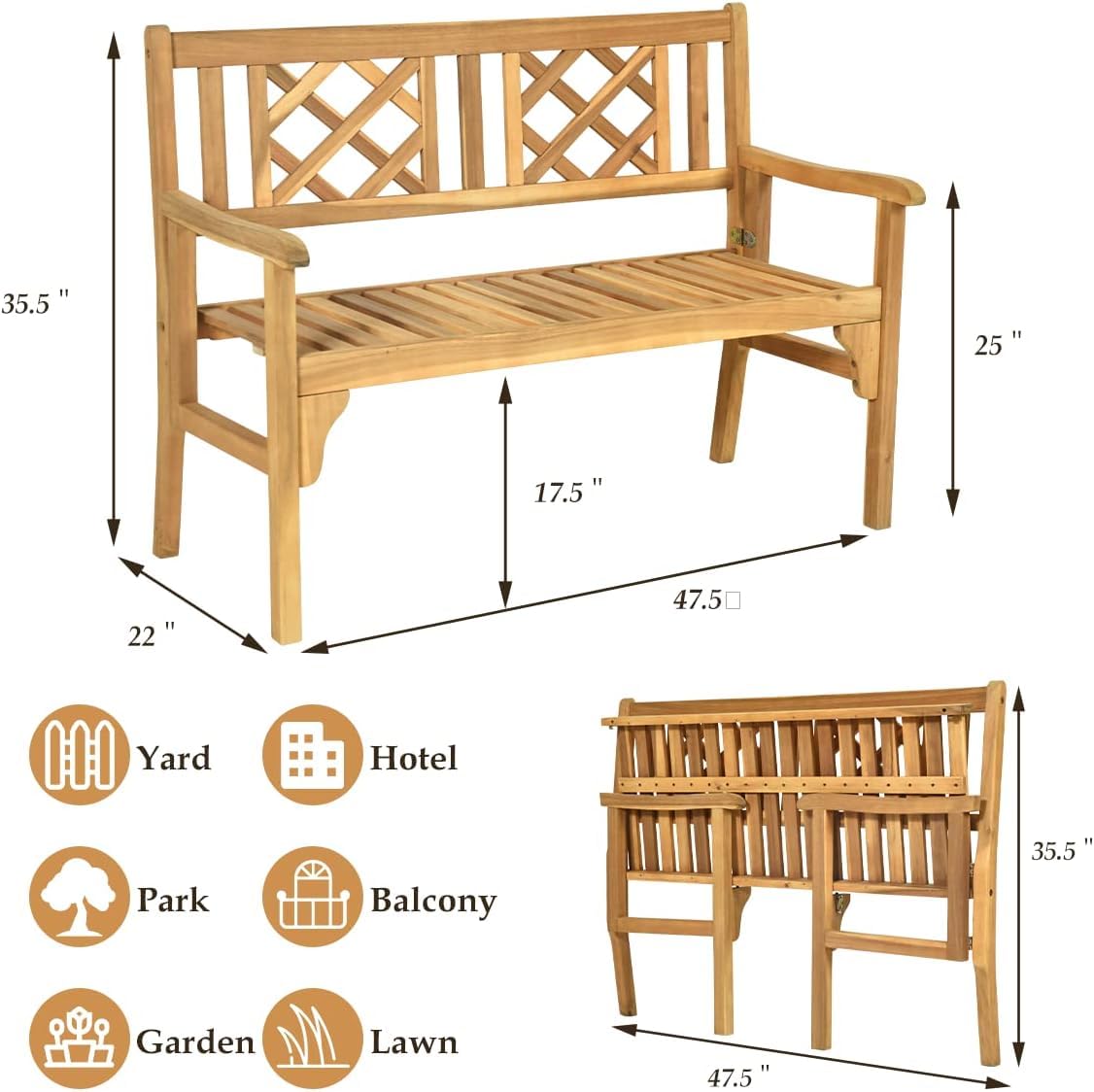 SPORFIT Rustic Garden Bench, Foldable Outdoor Bench with High Back & Armrest, 4 FT Acacia Wood Bench, 2-Person Loveseat Chair for Front Porch, Patio, Backyard & Park, Light Teak Finish
