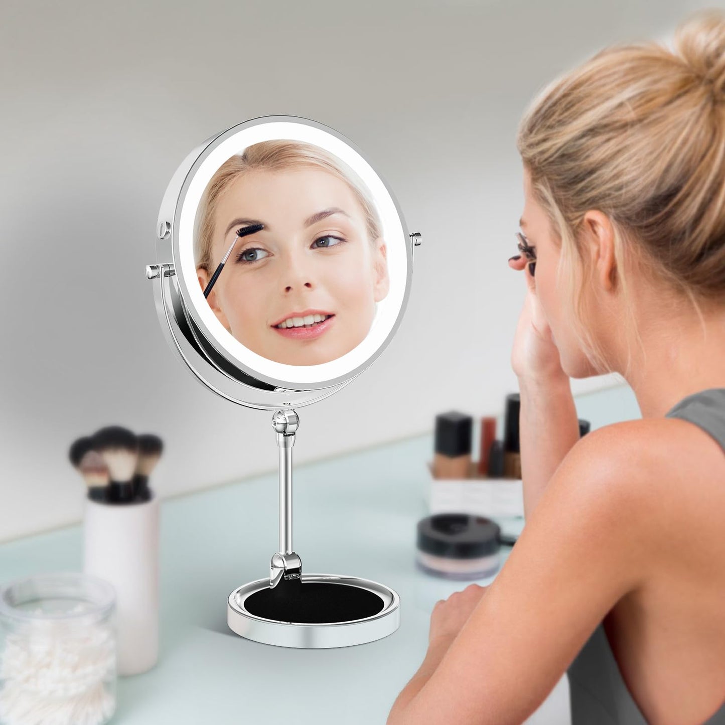 9" Large Lighted Makeup Mirror with 1X/10X Magnification, 4000mAh Rechargeable Vanity Mirror with Height Adjustable & 3 Color Dimmable Lights, 360°Swivel Double Sided Tabletop Cosmetic Mirror