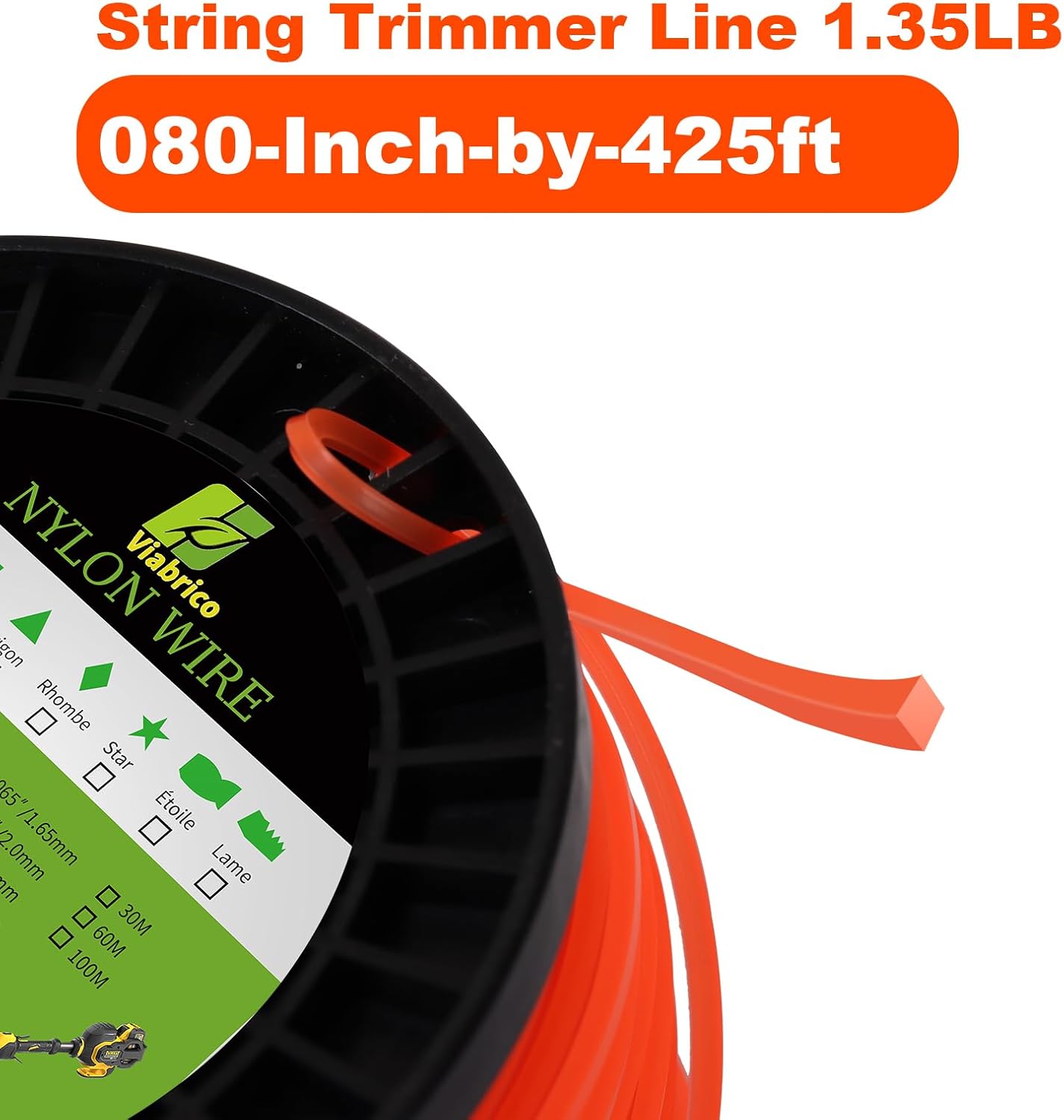 VIABRICO 0.080 Inch Weed Wacker String Trimmer Line - Commercial Grade Square Nylon - 425ft Spool