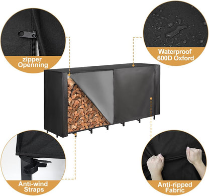Vailge Firewood Rack Cover - Waterproof 8FT Outdoor Protector with Full Zipper & Windproof Straps