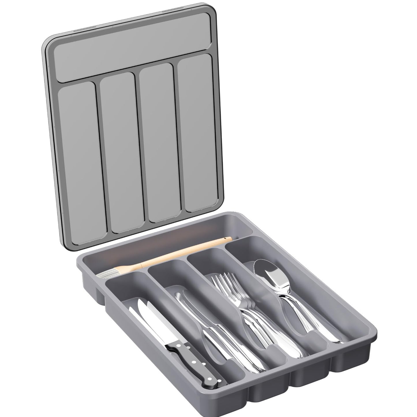 Lifewit Silverware Organizer with Lid, Covered Utensil Tray for Kitchen Drawer and Countertop, Plastic Cutlery and Flatware Storage Box for Spoons Forks Knives Holder Case, 6 Compartments, Black