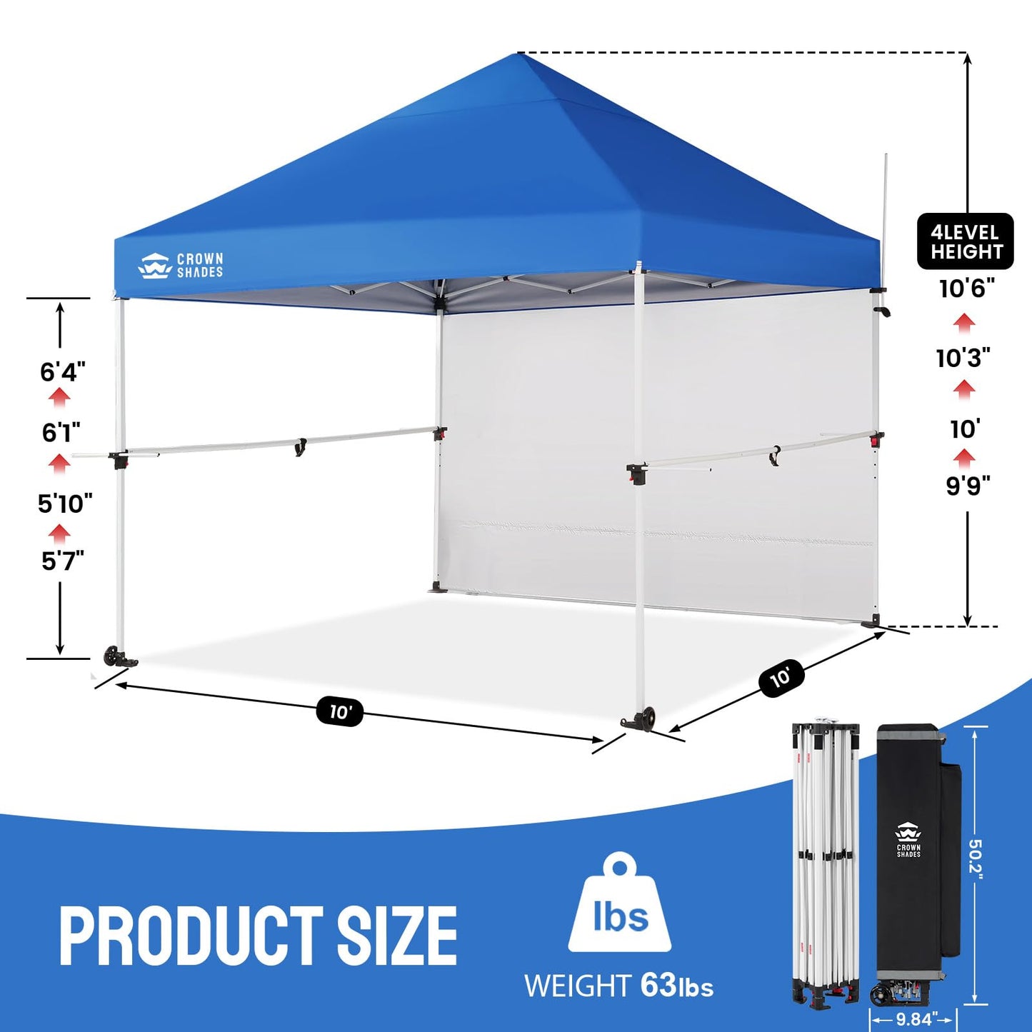 CROWN SHADES 10x10 Pop Up Commercial Canopy Tent, Patented One Push Setup, Heavy Duty Vendor Tent, 1 Removable Sidewall, 4" Wheels, STO-N-Go Bag, 400D Silver Coated, UPF 50+ Waterproof, Blue