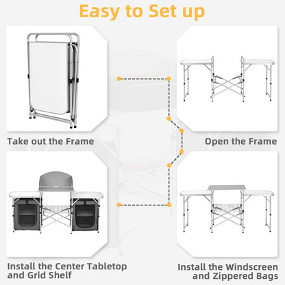 Giantex Camping Kitchen Station, Folding Grill Table with 26'' Tabletop, 2 Side Tables, Storage Organizer, Detachable Windscreen, Portable Camp Cook Outdoor Prep Station Backyard BBQ Picnic (Grey)