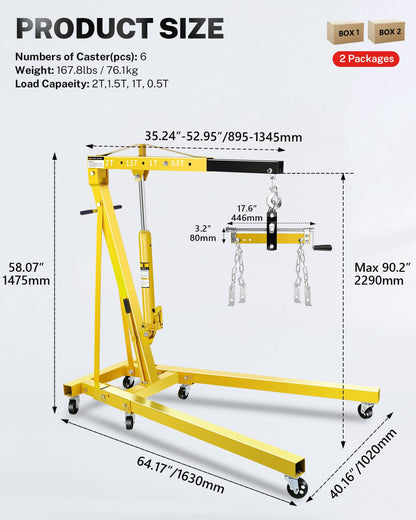 2 Ton Hydraulic Engine Hoist Crane with Lever, Folding Heavy-Duty Cherry Picker with 6 Locking Wheels & 4 Boom Positions, for Truck/SUV Engines, Garage Workshop, Industrial Lifting (Net Wt. 168 lbs)