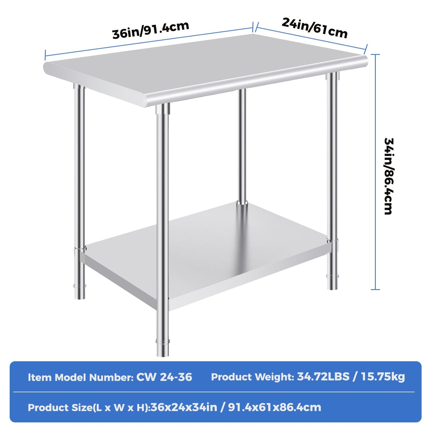 OSTBA Stainless Steel Table for Prep & Work 24x36 Inches, NSF Metal Commercial Heavy Duty Table with Adjustable Undershelf and Adjustable Foot for Restaurant Kitchen Home and Hotel