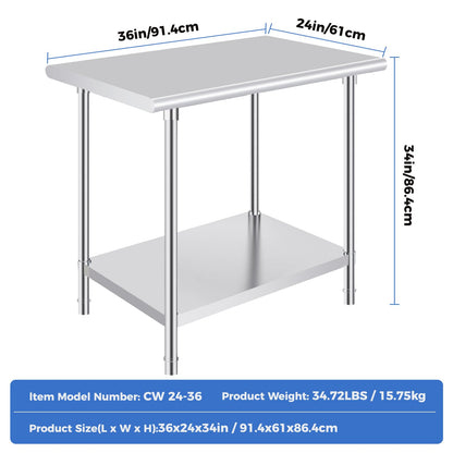 OSTBA Stainless Steel Table for Prep & Work 24x36 Inches, NSF Metal Commercial Heavy Duty Table with Adjustable Undershelf and Adjustable Foot for Restaurant Kitchen Home and Hotel