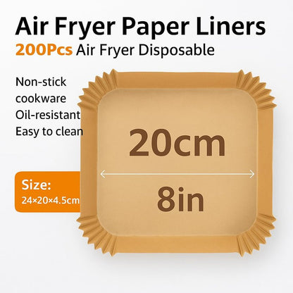 200 Pack 8 Inch Square Air Fryer Liners, Disposable Unbleached Parchment Paper, Non-Stick & Leakproof, Heat Resistant Baking Paper for Air Fryer & Oven
