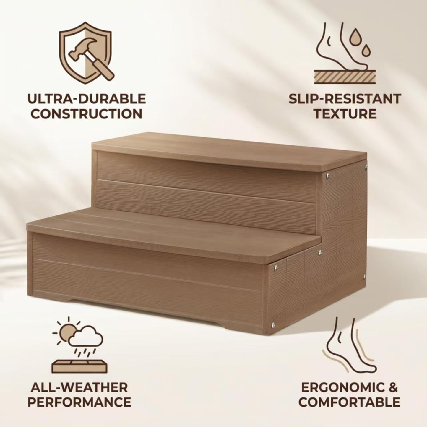 Heavy Duty Hot Tub Steps, 2 Steps Large Versatile Stairs for Outoor Above Ground Pool, Spa,Deck & Porch Outside, Steps Capacity 600LBS (Brown)