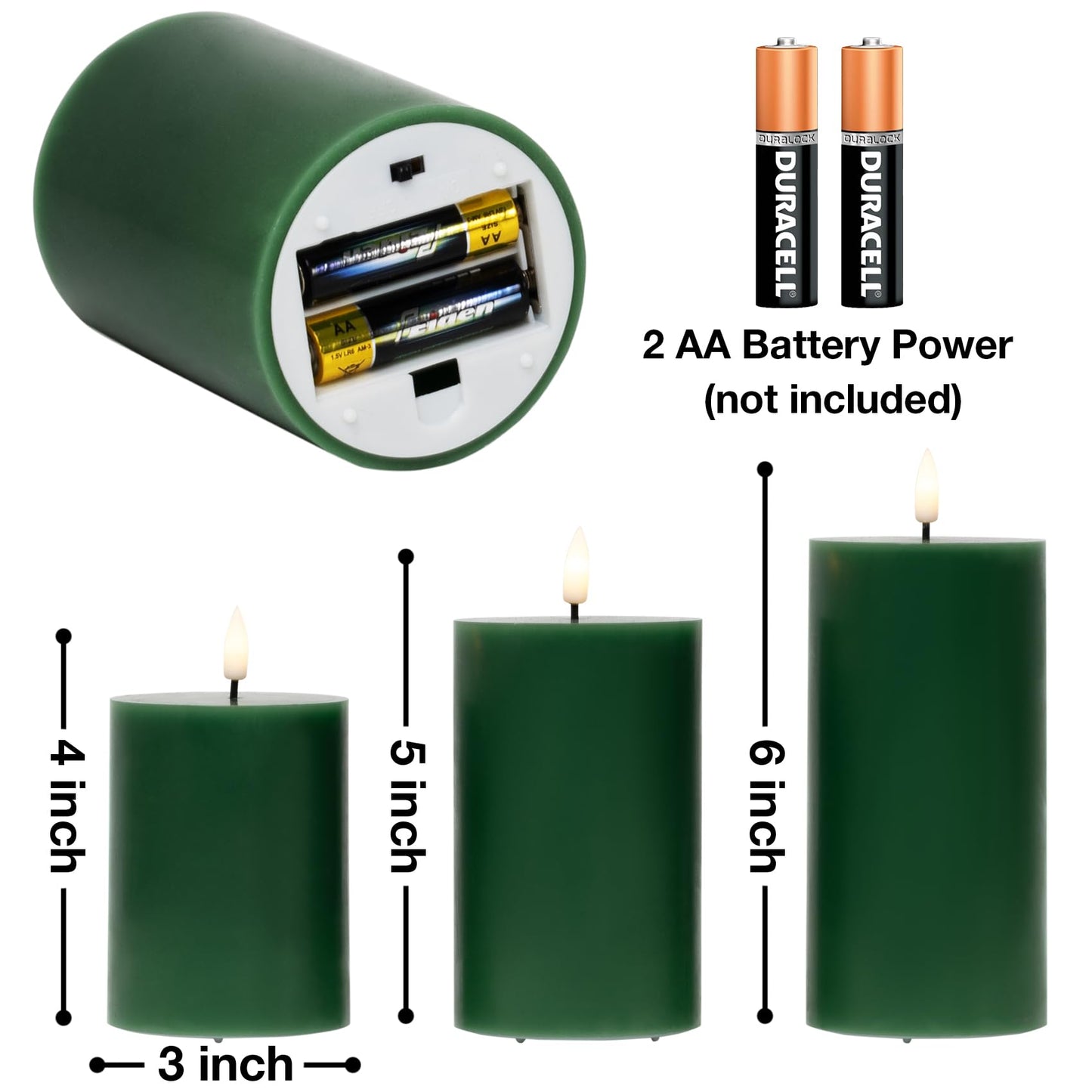 Eywamage Green Flameless Pillar Candles with Remote, Flickering Battery Operated LED Wax Candles Set of 3