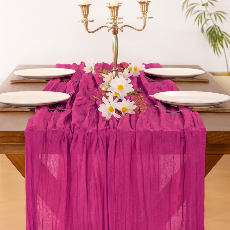 Socomi 3pcs Hot Pink Spring Cheesecloth Table Runner Fuchsia Boho Rustic Gauze 120 inch 10FT Cheese Cloth Runner for Wedding Party Baby Shower Birthday Home Decor