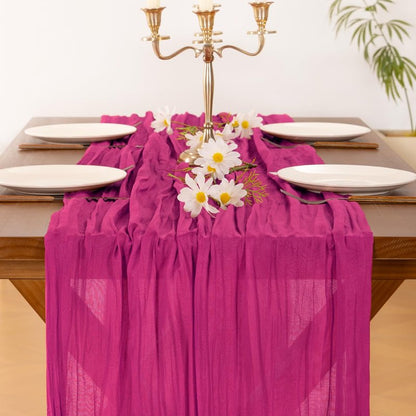 Socomi 3pcs Hot Pink Spring Cheesecloth Table Runner Fuchsia Boho Rustic Gauze 120 inch 10FT Cheese Cloth Runner for Wedding Party Baby Shower Birthday Home Decor