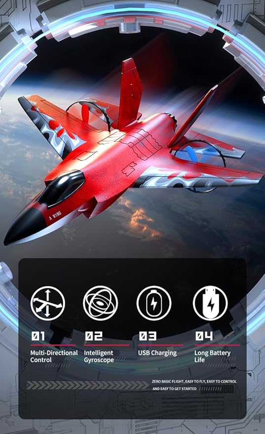 F35 RC Airplane Easy to Fly Foam RC Plane Remote Control Plane 2 Channel with Smart Gyro/Lights/Battery Rc Glider Jet Toy Gift for Kids Boys Adults 8-16 Year Old (Red)
