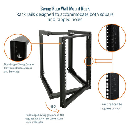 Tecmojo 15U Wall Mount Server Rack, Open Frame Network Rack for 19" Computer/AV/Data/IT/Media Equipment, 24" Depth, 16" Apart Mounting Holes, Swing Gate, Square and Tapped Holes