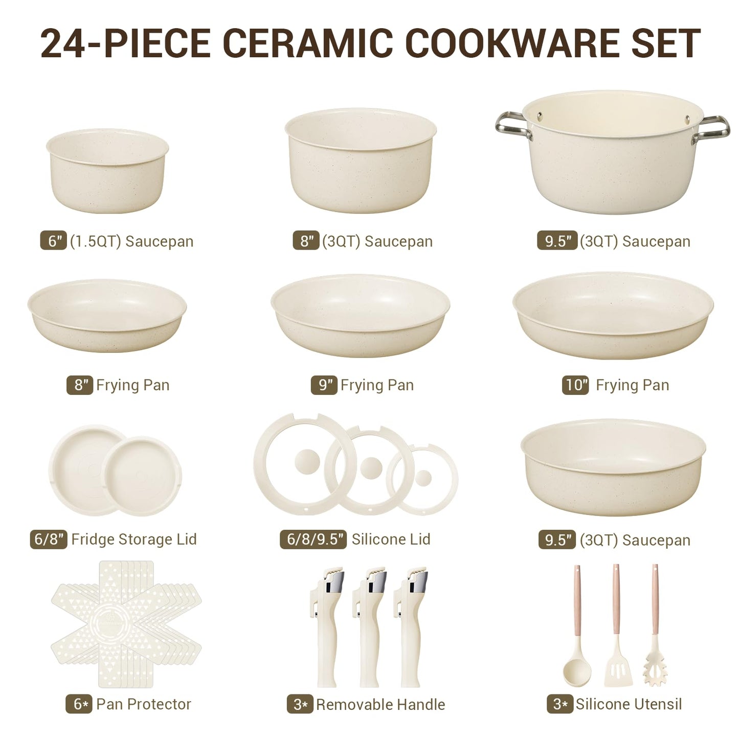 Ammeloo 24-Piece Ceramic Pots and Pans Set Non Stick, Ceramic Cookware Set with Removable Handles, Space Saving, Induction & Oven & Dishwasher Safe, For Small Kitchen, Apartment, RV, Cream White