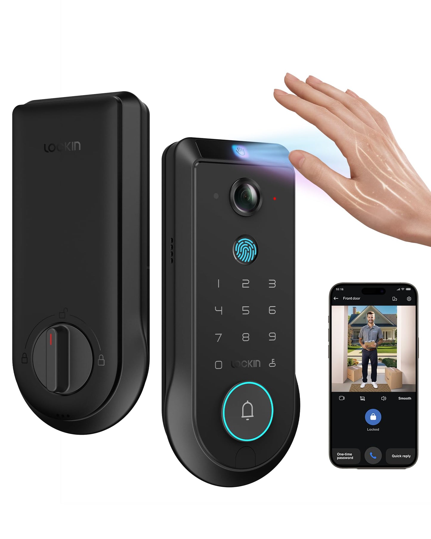 Lockin Veno Plus Smart Lock with 2K 180° Security Camera & Video Doorbell, AI Local Storage, Palm Vein/Fingerprint Keyless Entry Door Lock, Smart Locks for Front Door Bulit in Wi-Fi, App Control