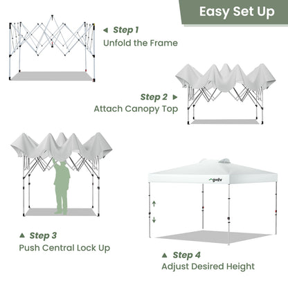 GVDV 10x10 Pop Up Canopy Tent with Pocket Sidewall, Beach Tent with One Push Setup, Outdoor Sun Shade for Events, Parties, Camping - Gazebo with Wheelbag and 4 Weight Bags, White, CP23